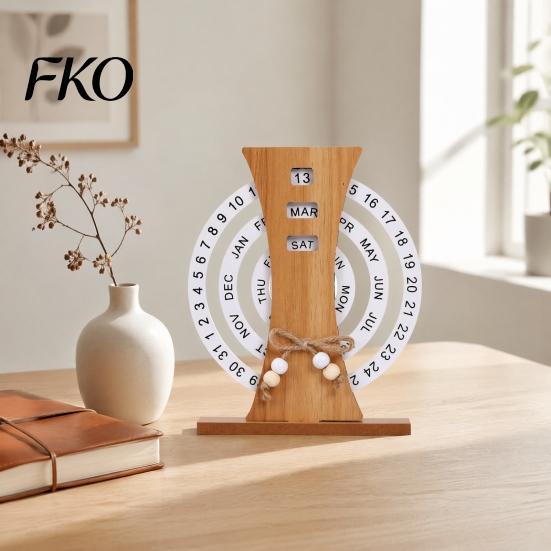 Desktop Calendar with No Battery Wooden Perpetual Calendar, Manual Rotating Desk for Home Office Accessories Men Decor, Creative Natural Wood