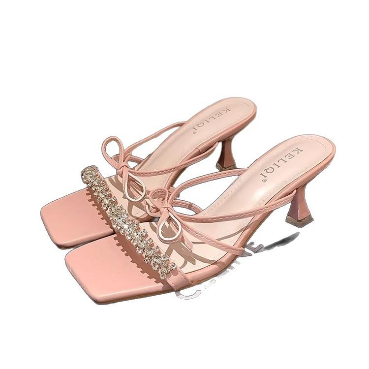 Square head bow rhinestone high heels female 2025 summer new fairy style beautiful with skirt temperament cool slippers