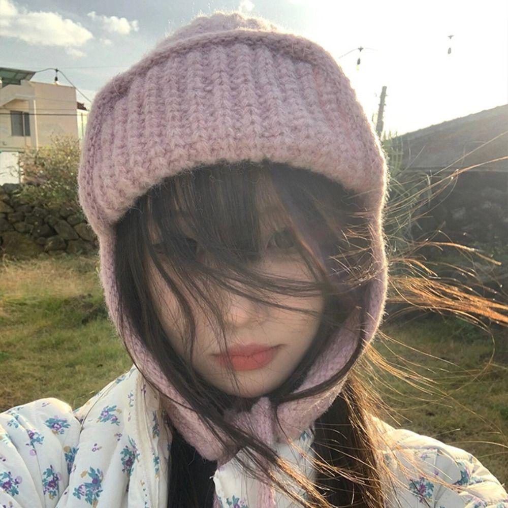 Ear Protection Knitted Flying Cap Solid Color Woolen Crochet Cap Fashion Knitted Woolen Hat  Girls