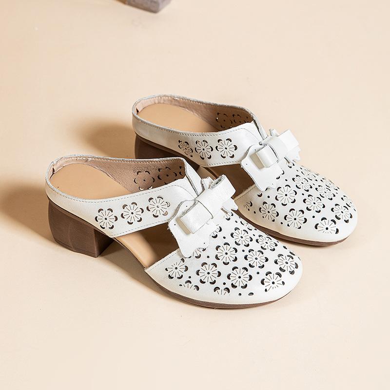 

Johnature Genuine Leather Thick Heels Women s Outdoor Slippers Retro Bow Women s Sandals 40 бежевый