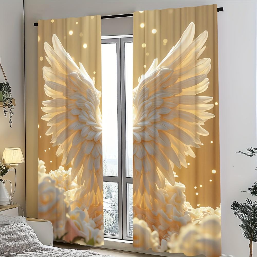 2pcs Gold Angel Wing Door Curtains – Soft Sheer Polyester for Bedroom   Living Room   Office & Caf Decor