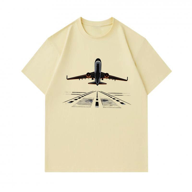 Men's 100% Cotton Crew Neck Short Sleeve T-shirt, Cool Airplane Runway Printed Casual Breathable Tee, Summer Loose Fit Daily Wear Tops for Aviation En