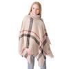 Womens Oversized Knit Poncho Sweater With Tassel Trim High Neck Plaid Shawl Fall Winter Streetwear