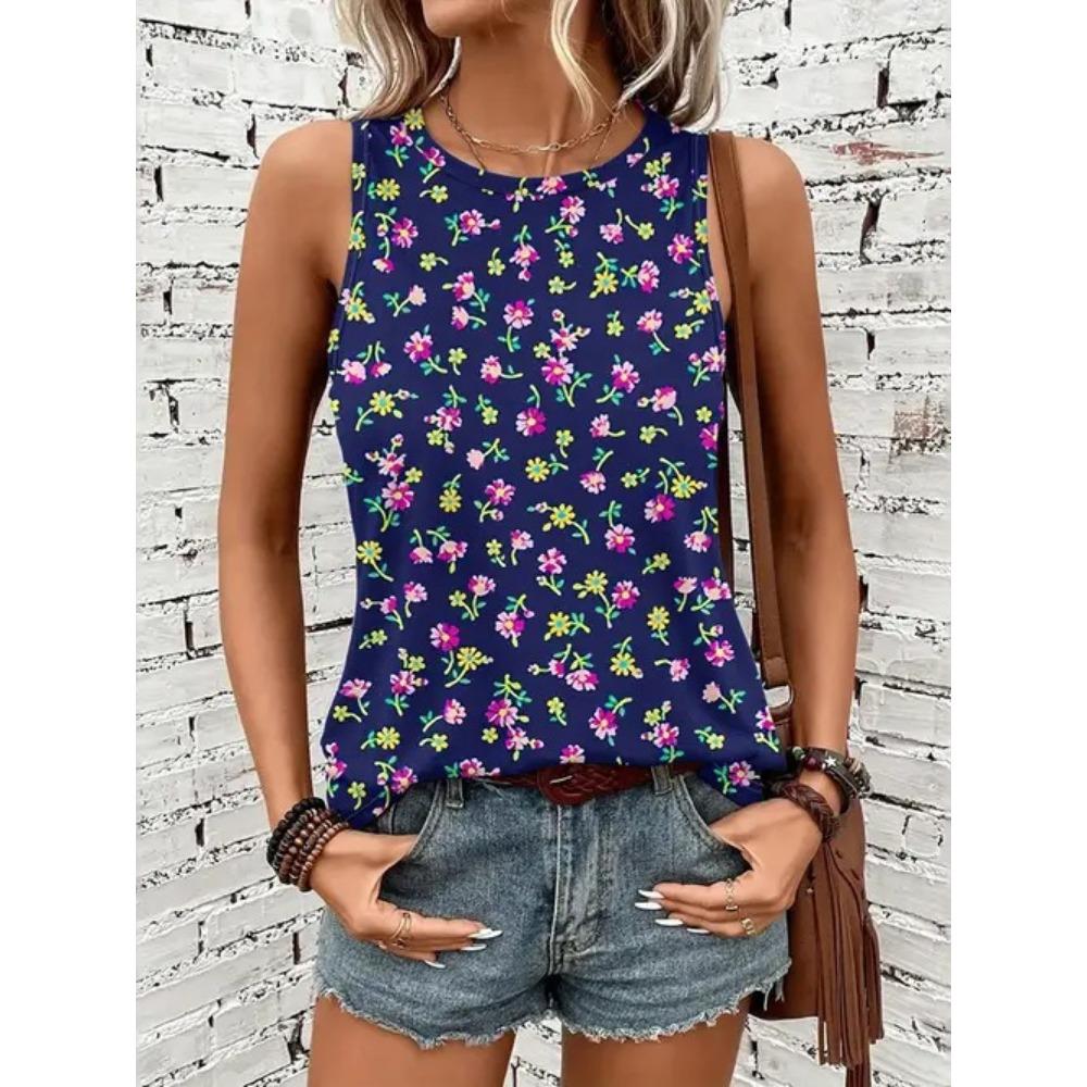 Summer flower 3D printed vest for women's casual O-neck
