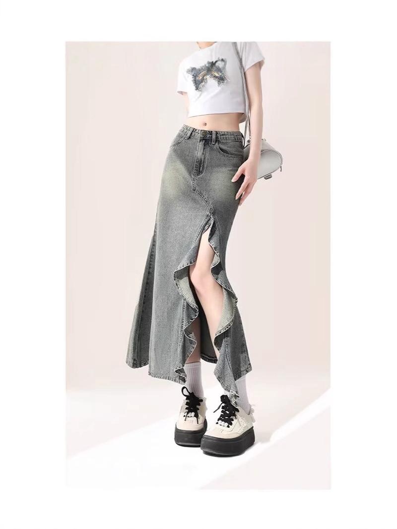 

2024 High Waist A-Line Denim Fishtail Skirt for Women 3XL