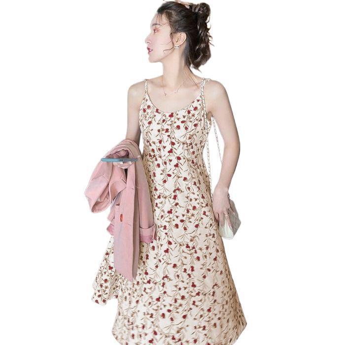 Floral Sleeveless Spaghetti Strap Dress for Women, Spring/summer New First Love French Vintage Design Mermaid Long Skirt