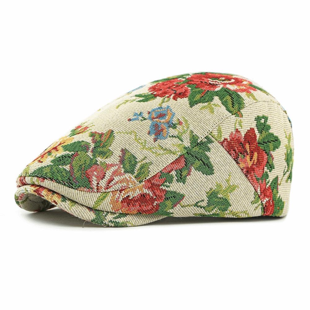 Trend Flower Embroidery Beret Hats Adjustable Casual Flat Cap Retro Duck Tongue Hat бежевый