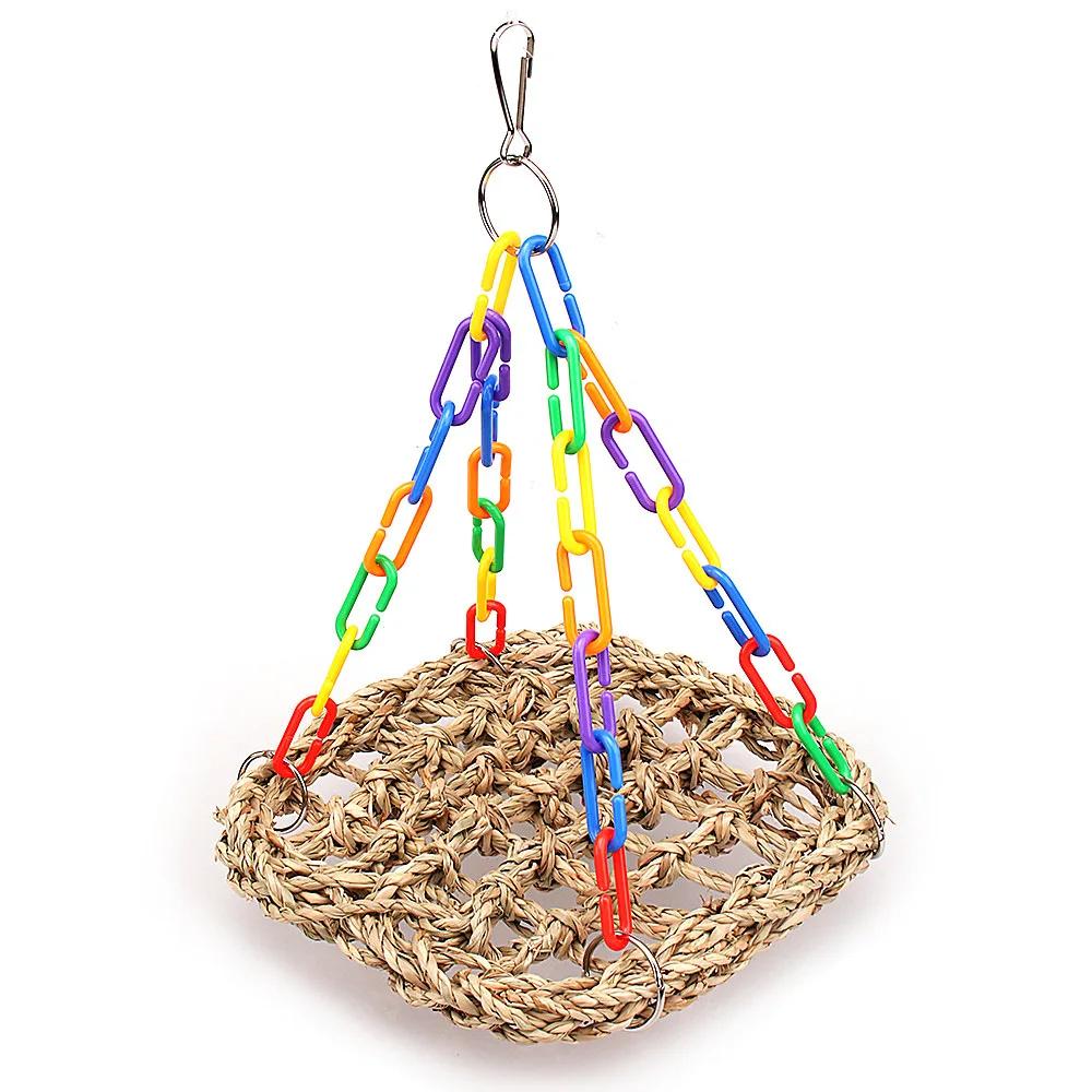 

Parrot Swing Toys Parrots Cage Hanging Foraging Chew Bird Toy Seagrass Mat Colorful Parts for Exercise Birds Cage Accessories