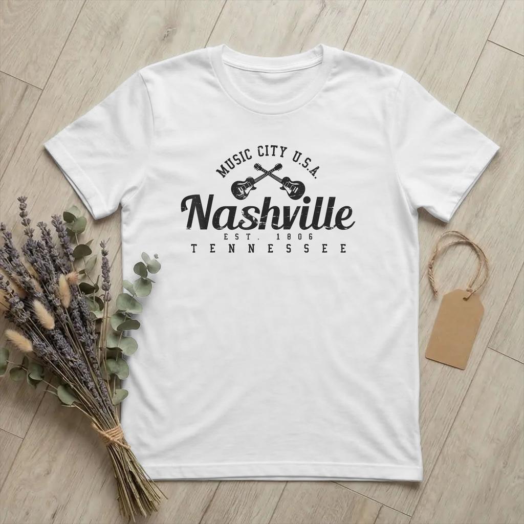 Neuheit Nashville Tennessee Country Musik T-Shirts Unisex Rundhals Reines Baumwoll-T-Shirt Gitarrenstadt T-Shirt Geschenkidee Kleidung