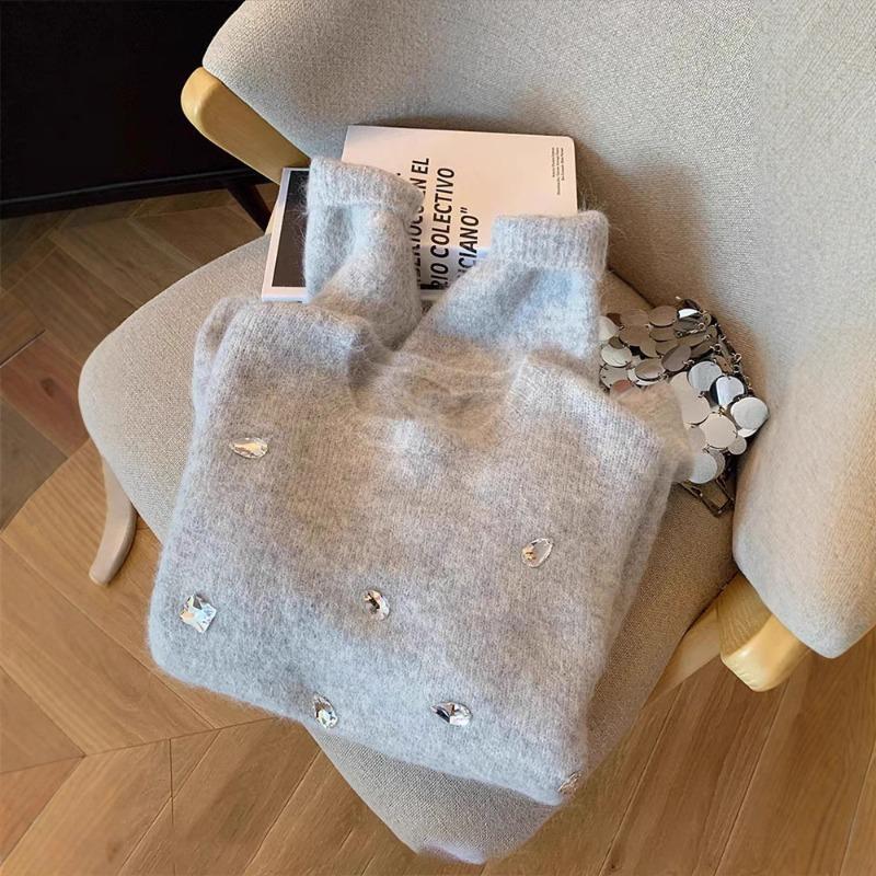 Gray Heavy Industry Diamond-encrusted Soft Waxy Knitted Sweater Women's Autumn and Winter New Sweater Design Sense Niche Lazy Wind Loose Top