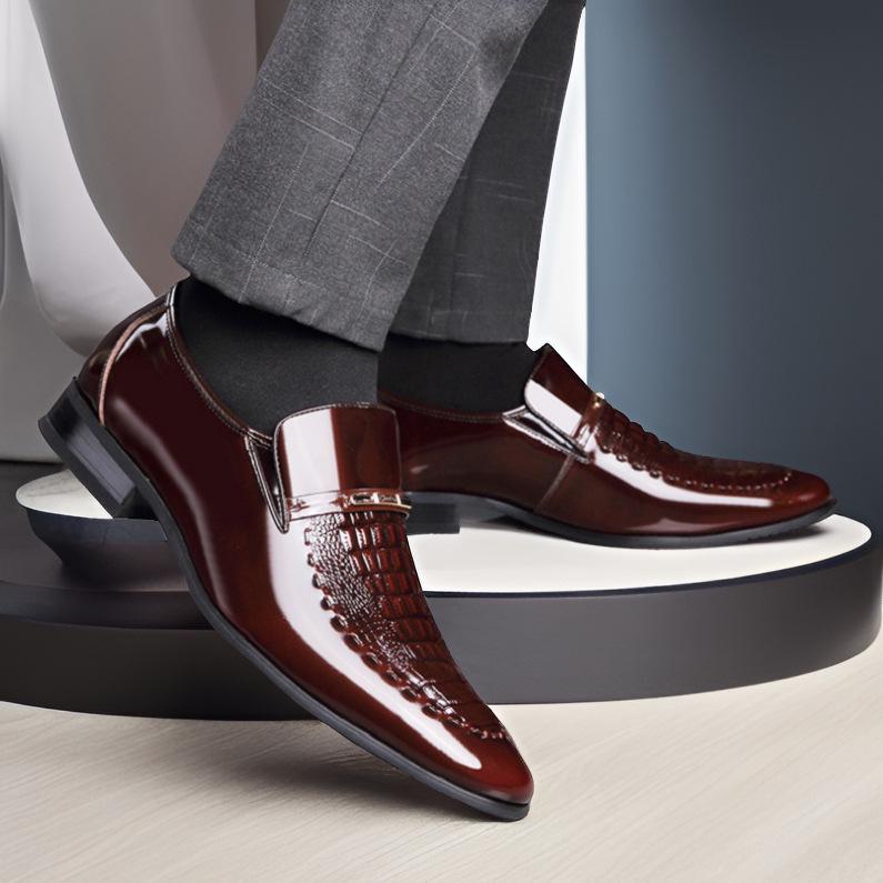 Men's Plus Size Crocodile Pattern Patent Leather Business Slip-On Shoes, Pointed Toe, Shiny Finish