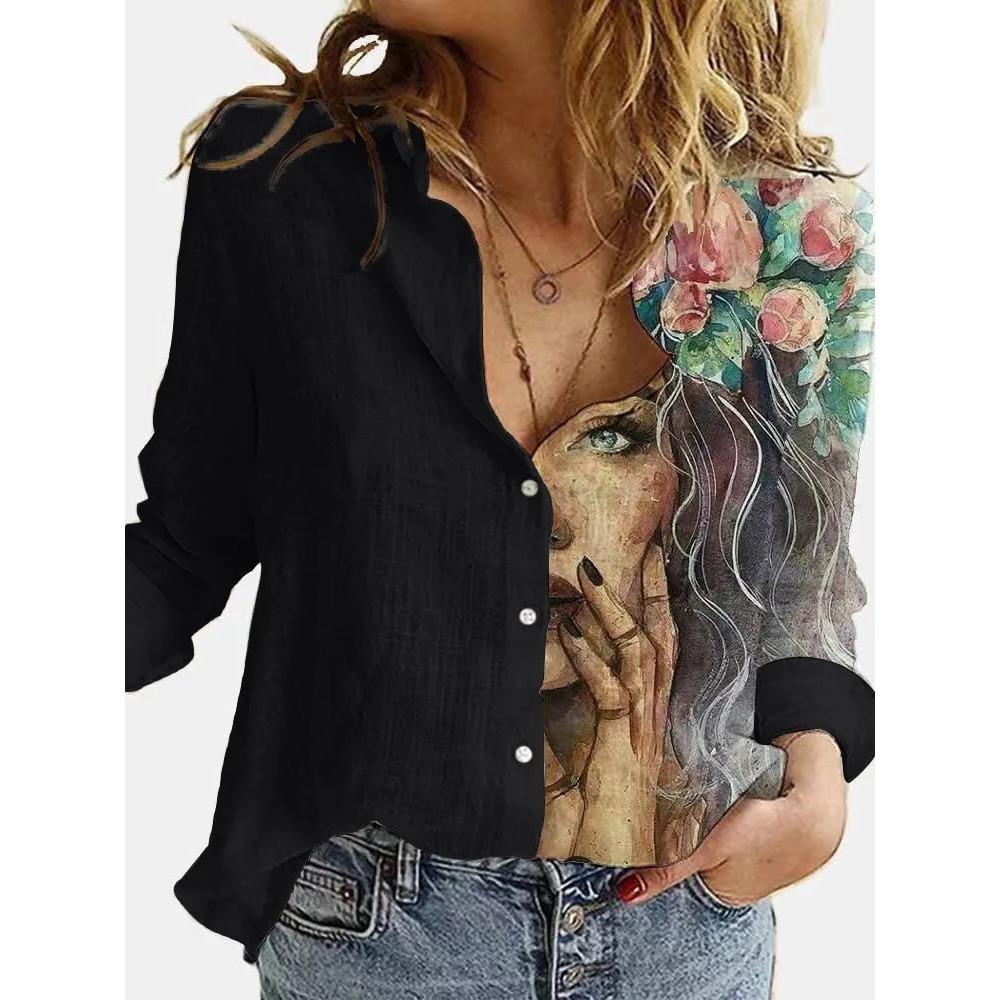 Fashion Stitching Retro Face Print Long Sleeve Blouse Women Lapel Button Casual Top Lady Shirts