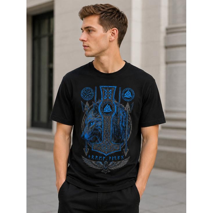 men s black short sleeve t-shirt with viking wolf and mjolnir graphic, crew neck, soft cotton feel, nordic mythology design for casual daily wear S чёрный