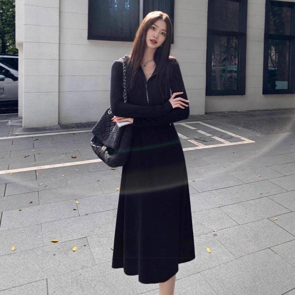 Women's French Chic Gray Hooded Knit Dress - Autumn/Winter Slimming Sweater Long Skirt