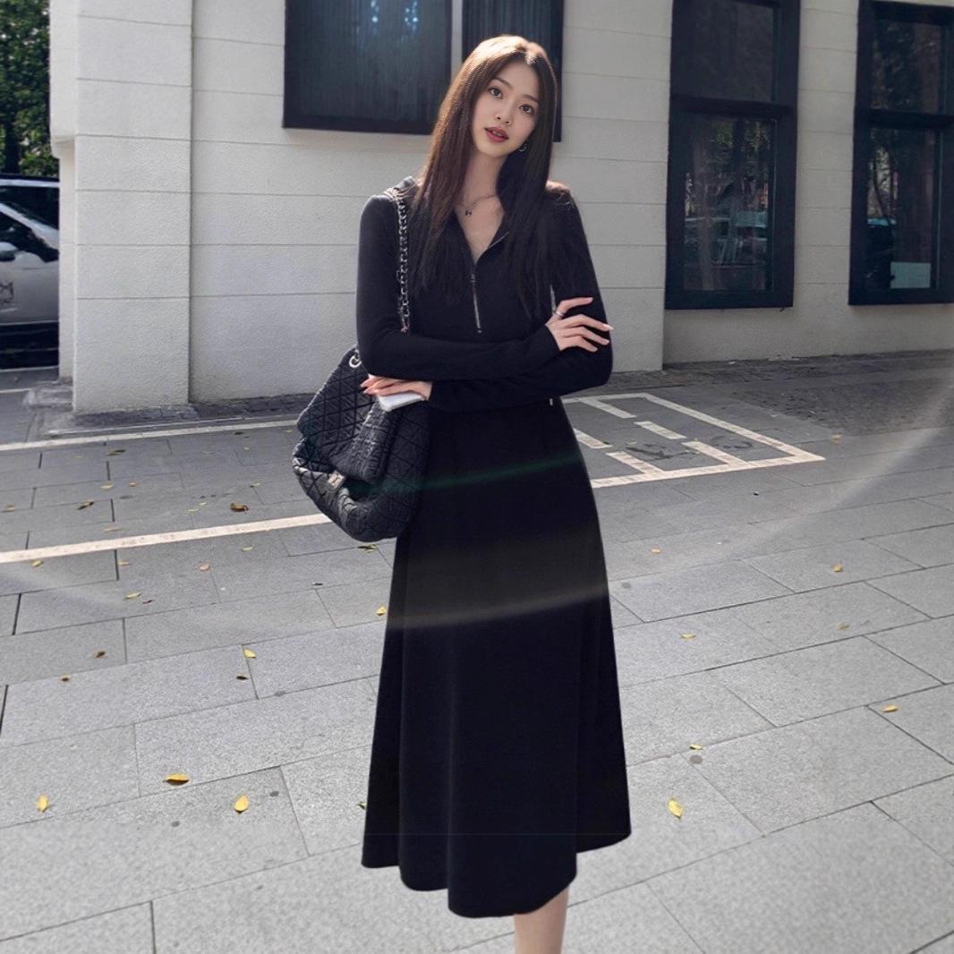 

Women s French Chic Gray Hooded Knit Dress - Autumn/Winter Slimming Sweater Long Skirt Large чёрный