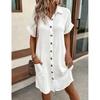 Summer Casual V Neck Cotton Linen Shirt Dress for Women Simple Button Down Dress