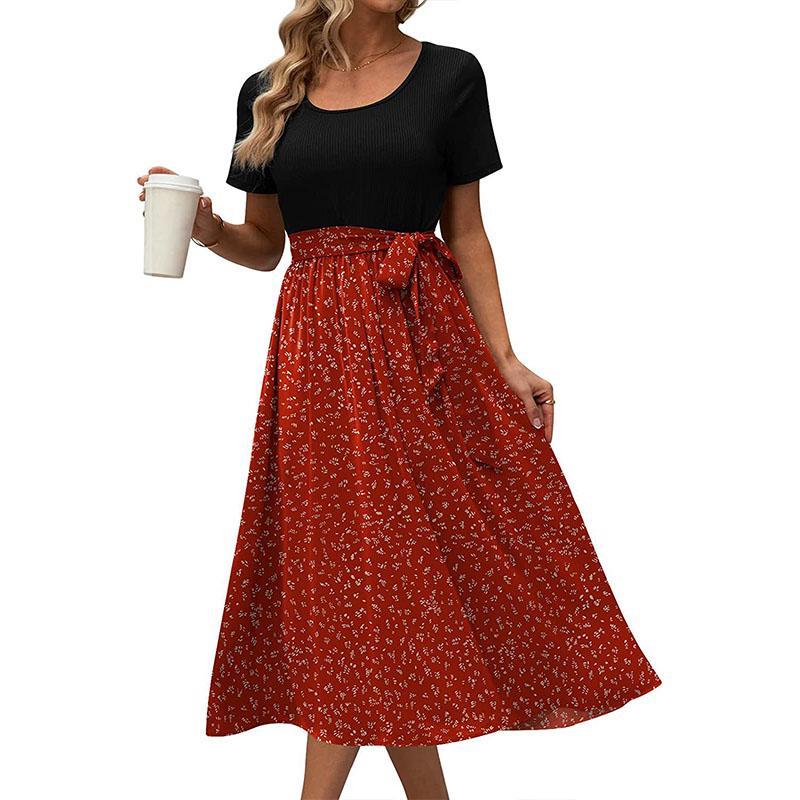 Summer Women's Dress Round Neck Splicing Lace-up Print Short-sleeved Casual Dresses