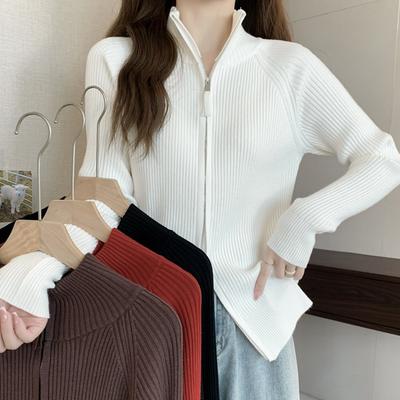 Autumn and Winter Double Zipper Stand-up Neck Sweater Jacket Women's Shoulder Knitted Sweater