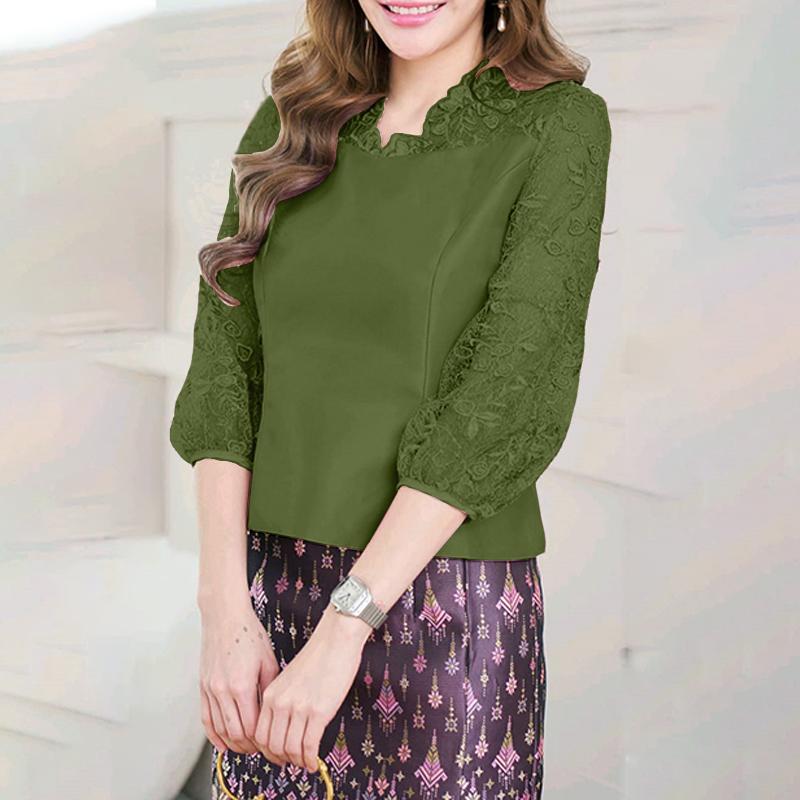 

ZANZEA Женская повседневная блузка с ажурными вставками и рукавом 3/4 5XL зелёный