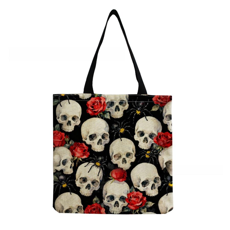 Women Vintage Linen Tote Bag - Large Capacity Skeleton Print Shoulder Handbag for Casual & Grocery Shopping KTB
