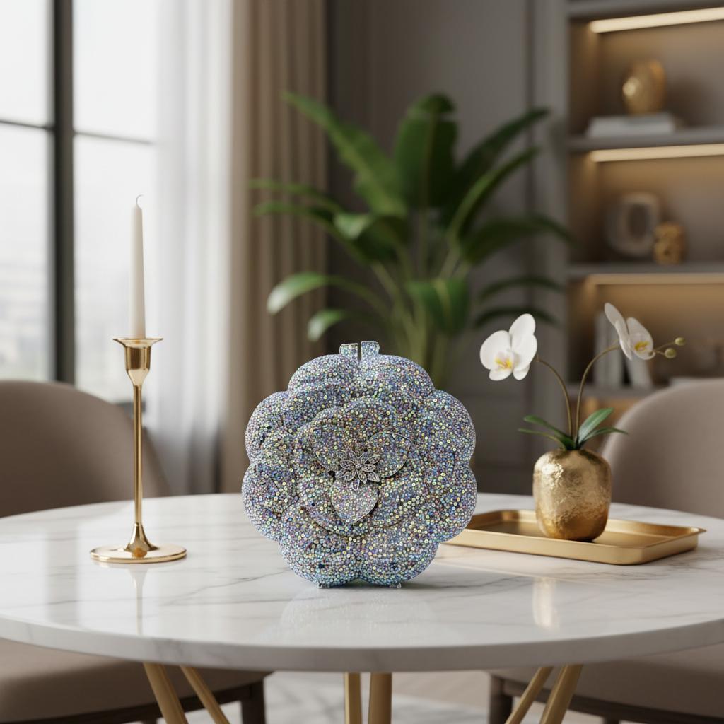 High Quality Handmade Alloy Flower Rhinestone Evening Clutch with Magnetic Clasp for Women's Wedding Banquet Luxury Dinner Bag