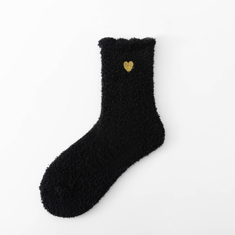 Autumn and Winter Coral Fleece Socks, Thickened Floor Socks, Embroidered Heart-shaped Home Socks, Warm and Soft Sleeping Socks