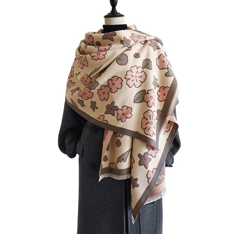 Japanese and Korean cherry blossom flower print sweet and fresh ladies imitation cashmere warm scarf cream sweet girl shawl