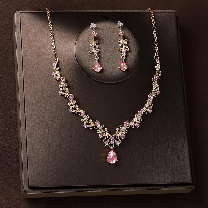 Champagne Pink Diamond Bridal Crown, Necklace & Earrings Set - Vintage Style Hair Accessories for Wedding Gown.