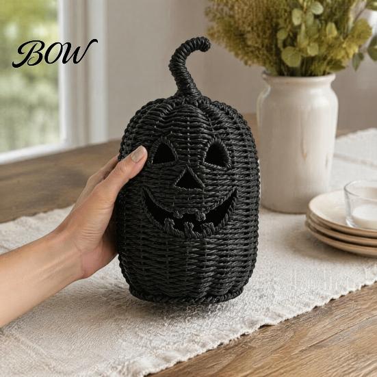 Halloween Pumpkin Figurine Faux Rattan Figurine, Black Resin Statue with Witch Unique Matte Hat, Rustic Wicker Tabletop Ornament for Party Home