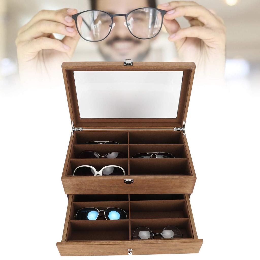 Yinhing Sunglasses Eyeglasses Wooden Eyeglass Display Case Organizer for Display and Storage Storage, Box, 12-Slot Double-Layer