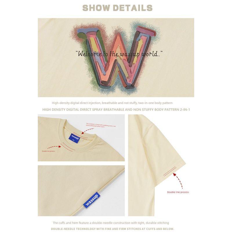 Wassup Retro Inkjet Letter T-Shirt Short-Sleeved Men's Summer Loose Casual Heavyweight Pure Cotton Couple's Round Neck Top