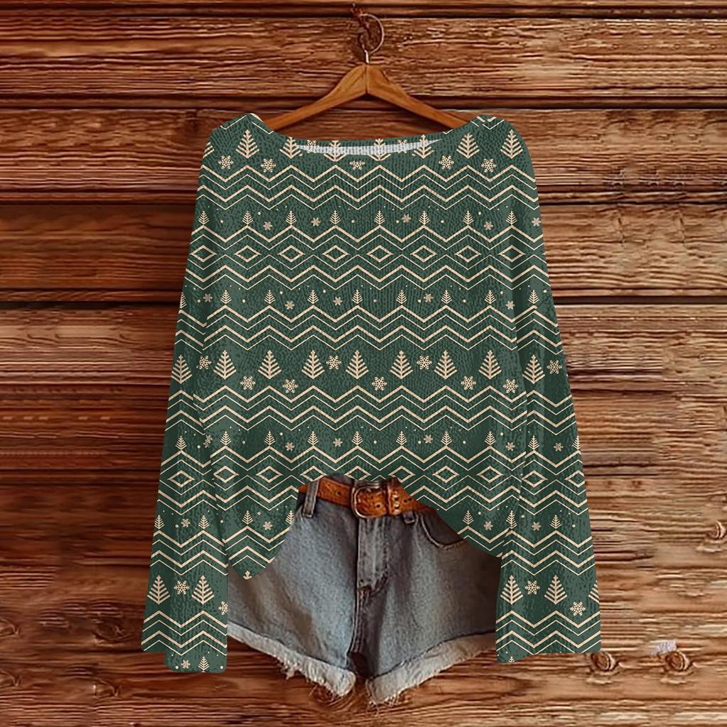 Women's Fashionable Oversized Knitwear Long-Sleeved Christmas Print Top