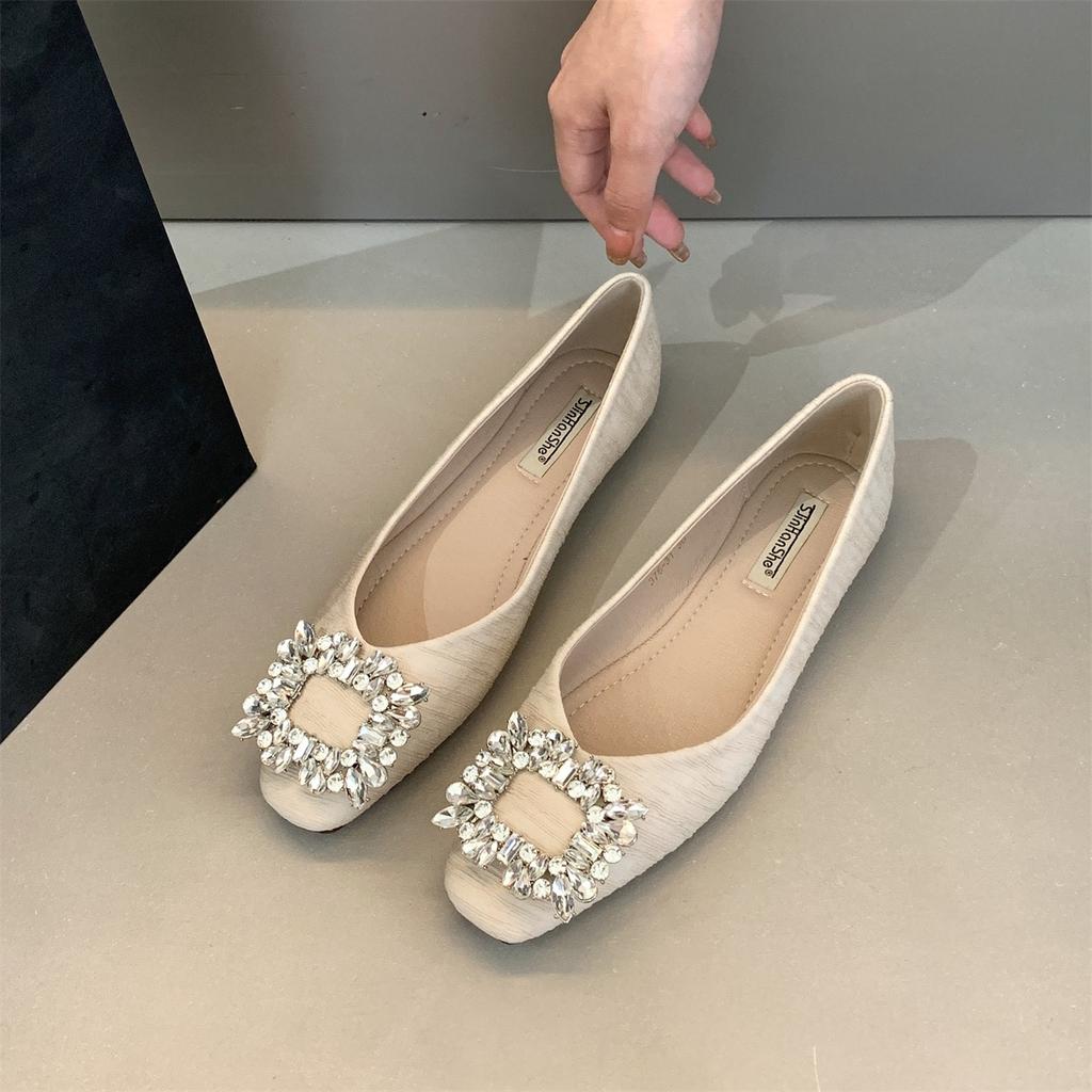 Fashion Flat Shoes Women's Rhinestone Square Buckle Shallow Mouth Spring and Autumn Flat Bottom Casual Plus Size Women's Shoes