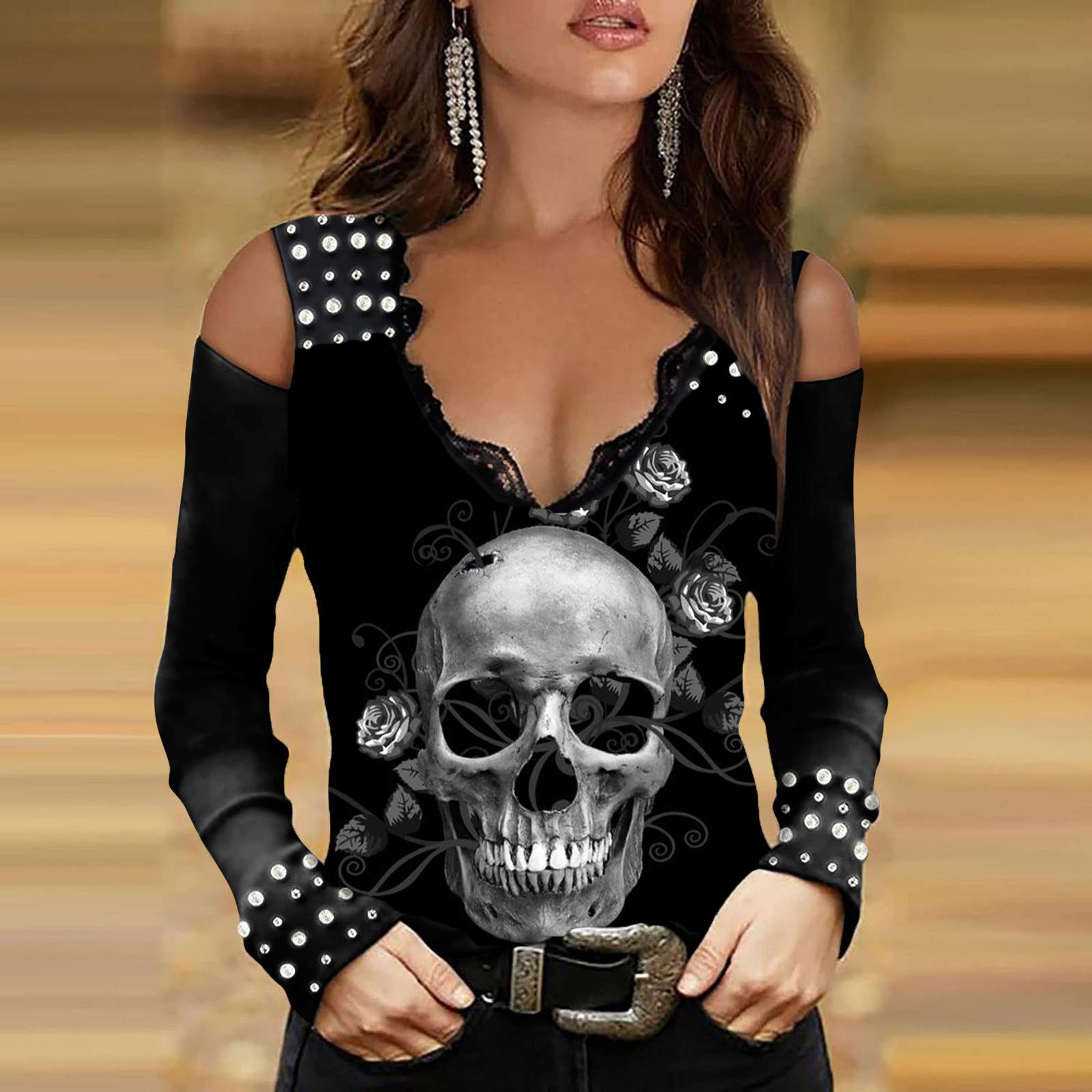 

Осенне-зимние майки-топы с кружевом, V-образным вырезом, длинными рукавами и открытыми плечами для женщин L