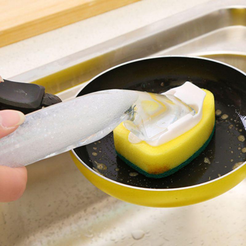 Kitchen Cleaning Supplies Brushing Pot Sponge Brush(Optional 1 Brush With Handle And 2 Refill Replacement Heads), Detachable Handle Adding Cleaner