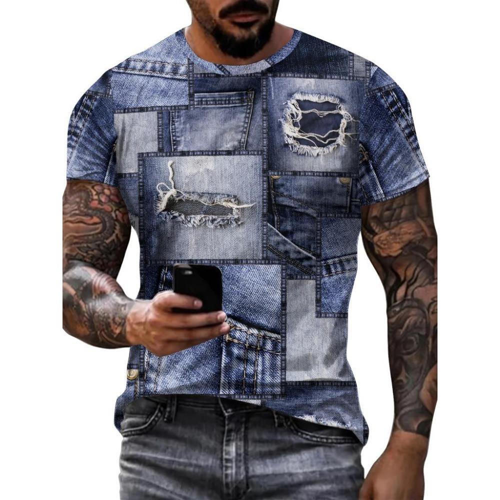 2026 New Trendy Denim Graphic Stitching Short Sleeve T-shirt Casual Loose Men's Short Sleeve Tee Oversized T Shirts For Man