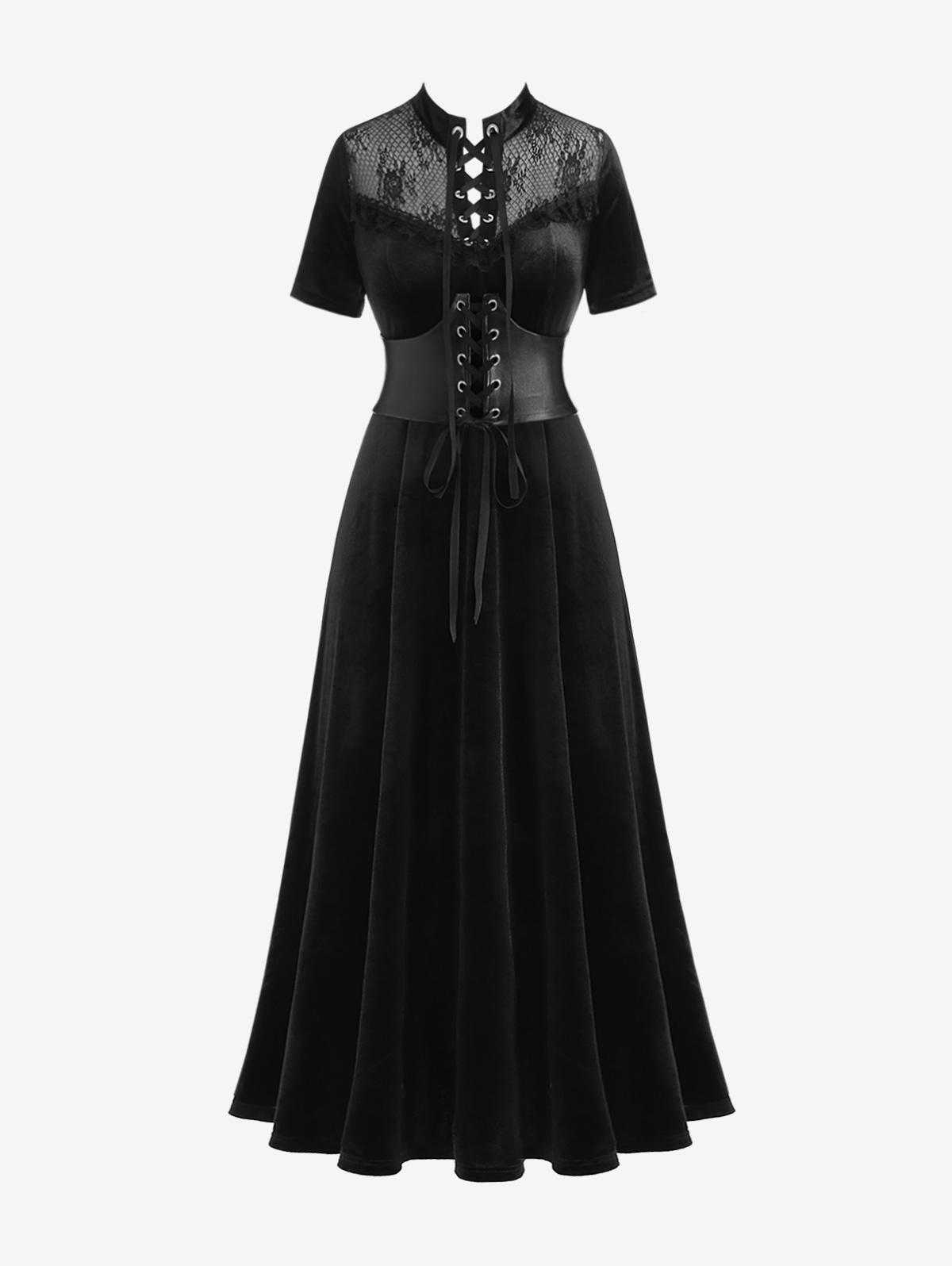 

Rosegal Готическое кружевное платье с цветочным принтом из искусственной кожи со шнуровкой и рюшами-корсетом M чёрный