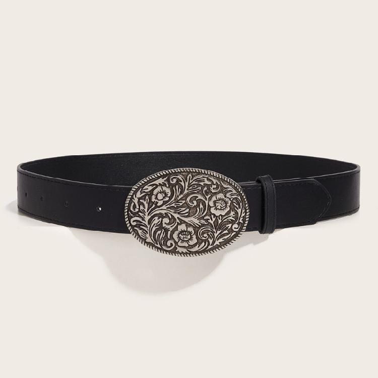 Wear Resistant Adult Waist Belts with Carved Buckle Female Decorative PU Belts
