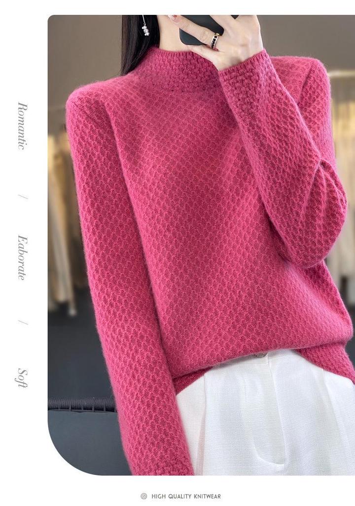 2023 Autumn Women's Cable Knit Sweater, Half-High Collar, Thick Drop Shoulder, Loose Fit, Lazy Style Base Layer