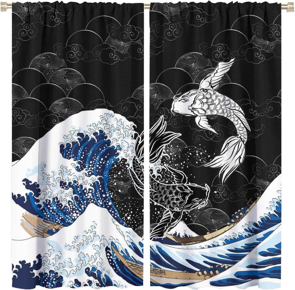 Pink Cherry Blossom Curtains Fantasy Anime Koi Fish Rod Pocket Blackout Window Drapes for Living Room Bedroom Kitchen Cafe Decor