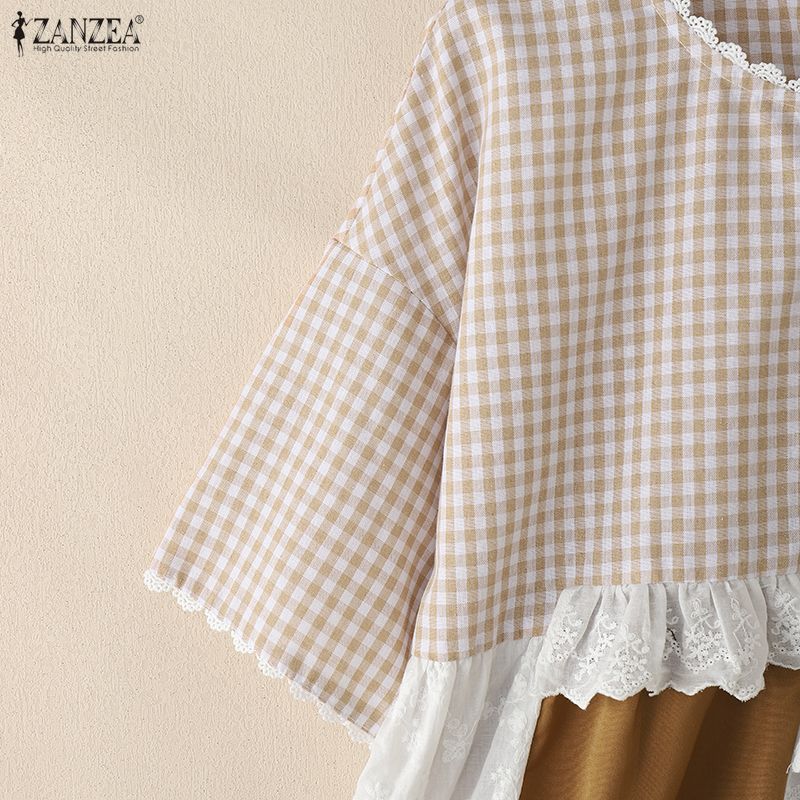 ZANZEA Damen Lässig Rundhals Kurzarm Locker Karierte Bluse