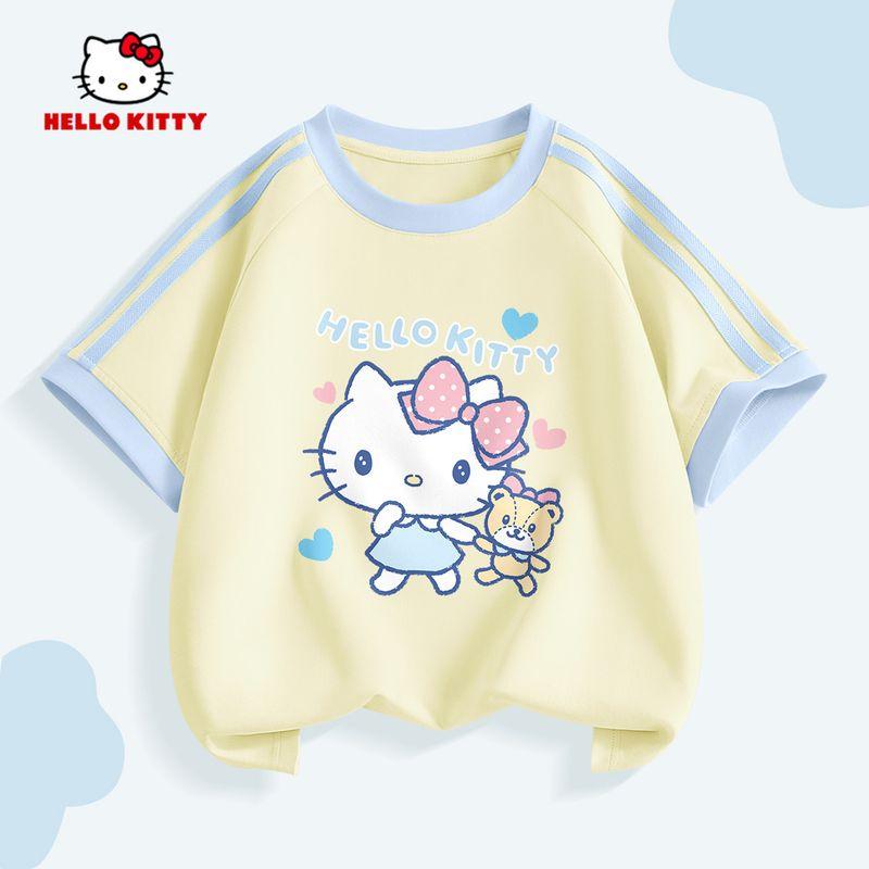 Hellokitty Girls Summer Suit 2026 New Kidsren s Short-Sleeved T-Shirt Summer Sports Girl Pleated Skirt The Stem Is Cute and Honey-Yellow 160