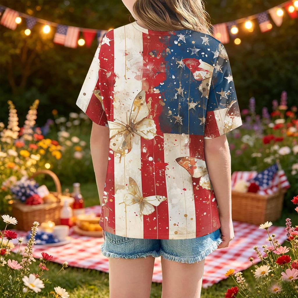 Girls Short Sleeve T Shirt Independence Day Printed Tee Top Casual Comfortable Fit Kids Summer Shirt