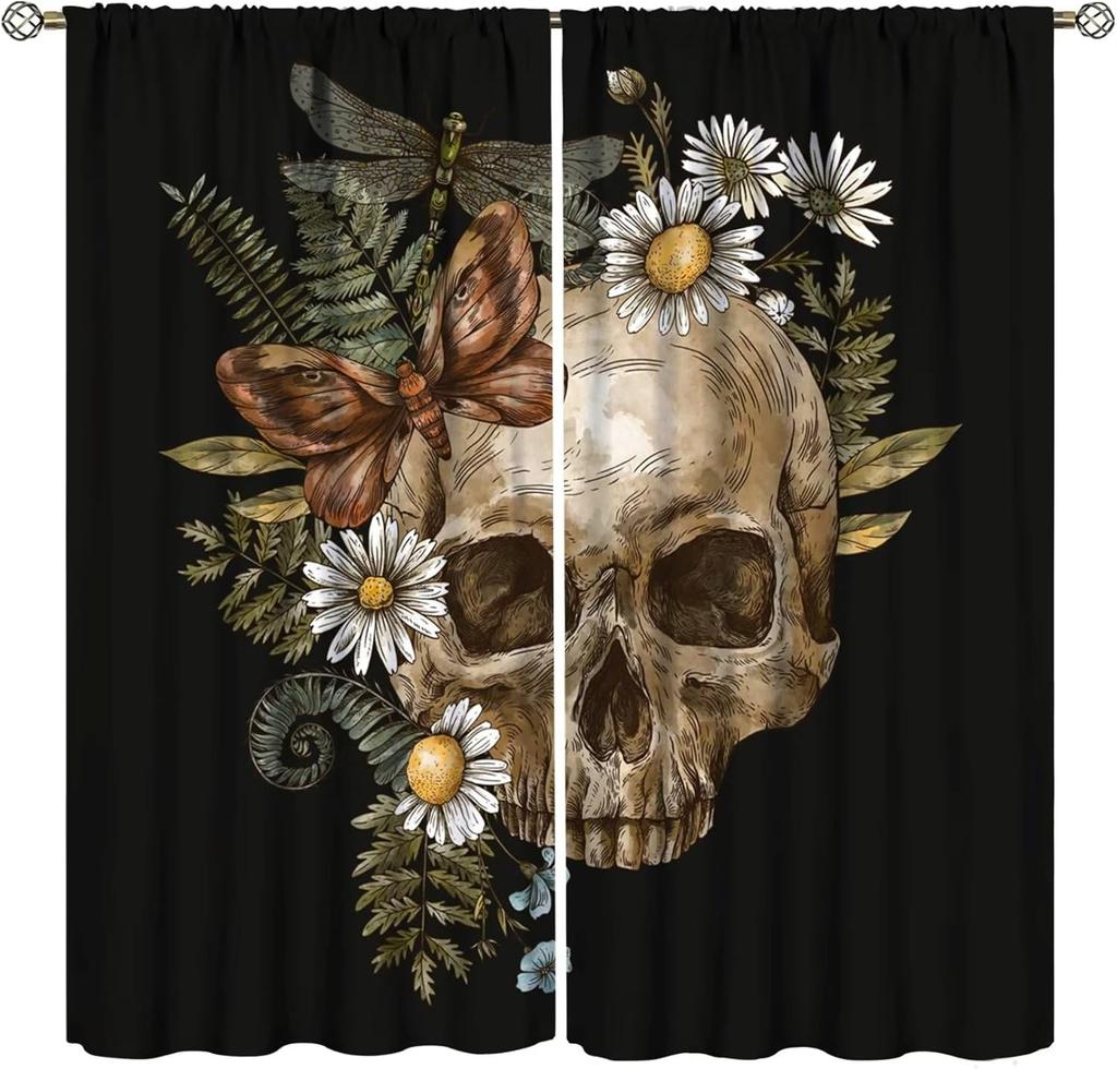 Vintage Skull Curtains Rose Flowers Wildflowers Halloween Theme Scary Curtain Bedroom Living Room Home With Rod Pocket Polyester Ideal For Sitting
