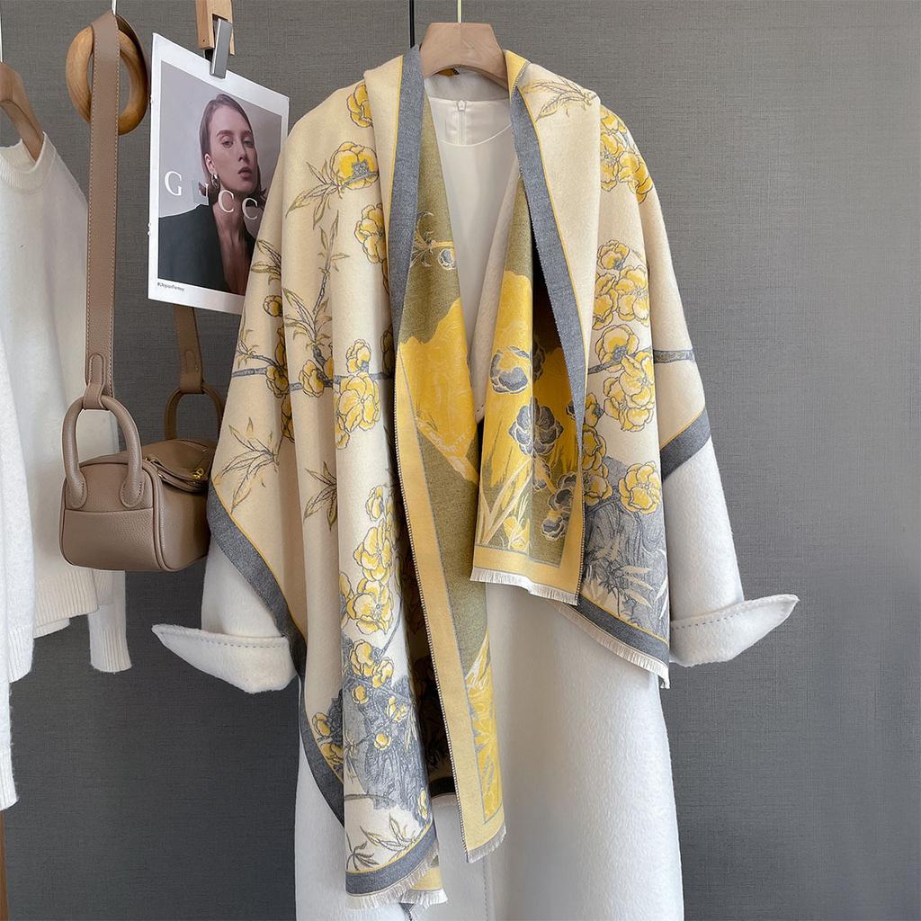 New retro flower jacquard imitation cashmere scarf for women's high-end versatile, fashionable and durable, going out to decorate the scarf