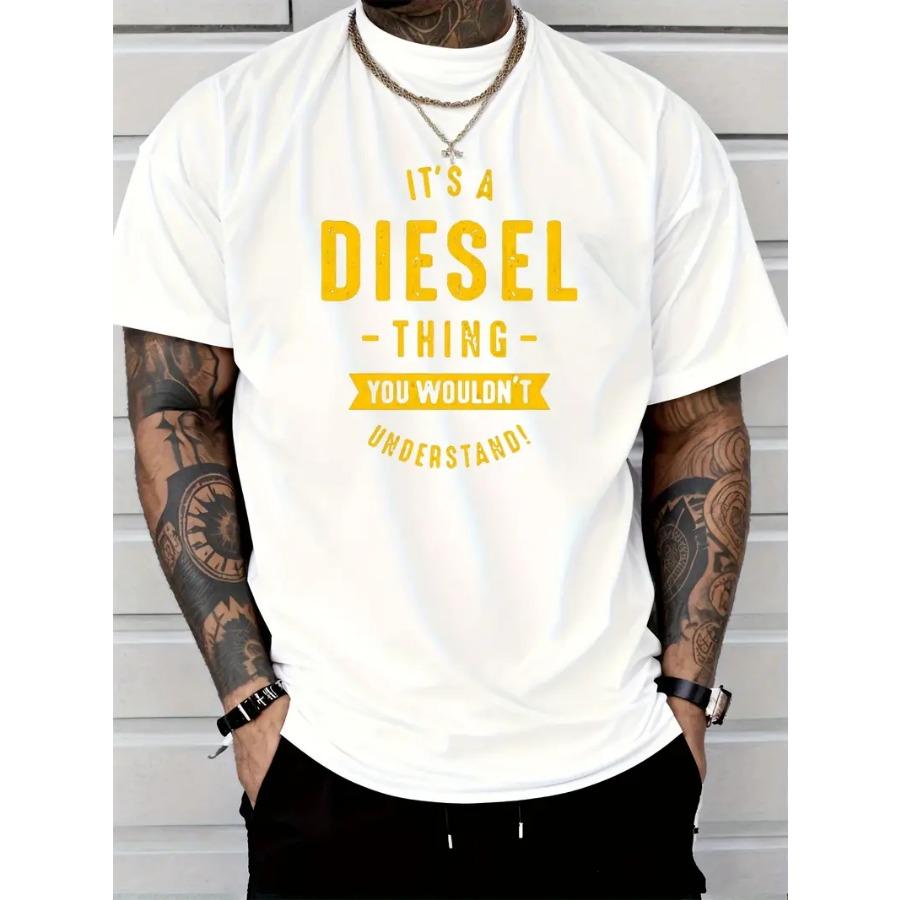 Men's Quick-Dry Breathable Casual T-Shirt with Bold "It's a Diesel Thing" Letter Print Graphic Tee for Outdoor Sports