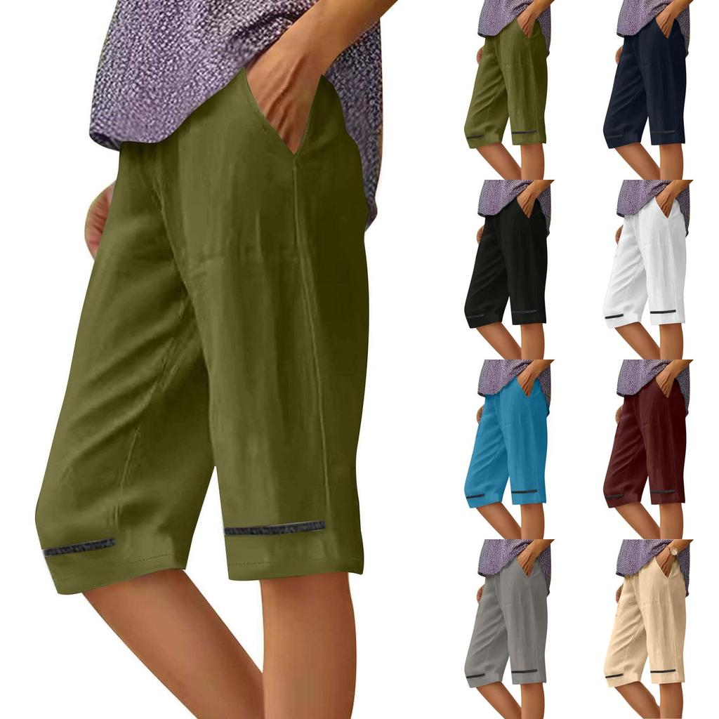 Women's Casual Loose Pocket Cotton Linen Elastomer Casual Pants Knee-length Pants