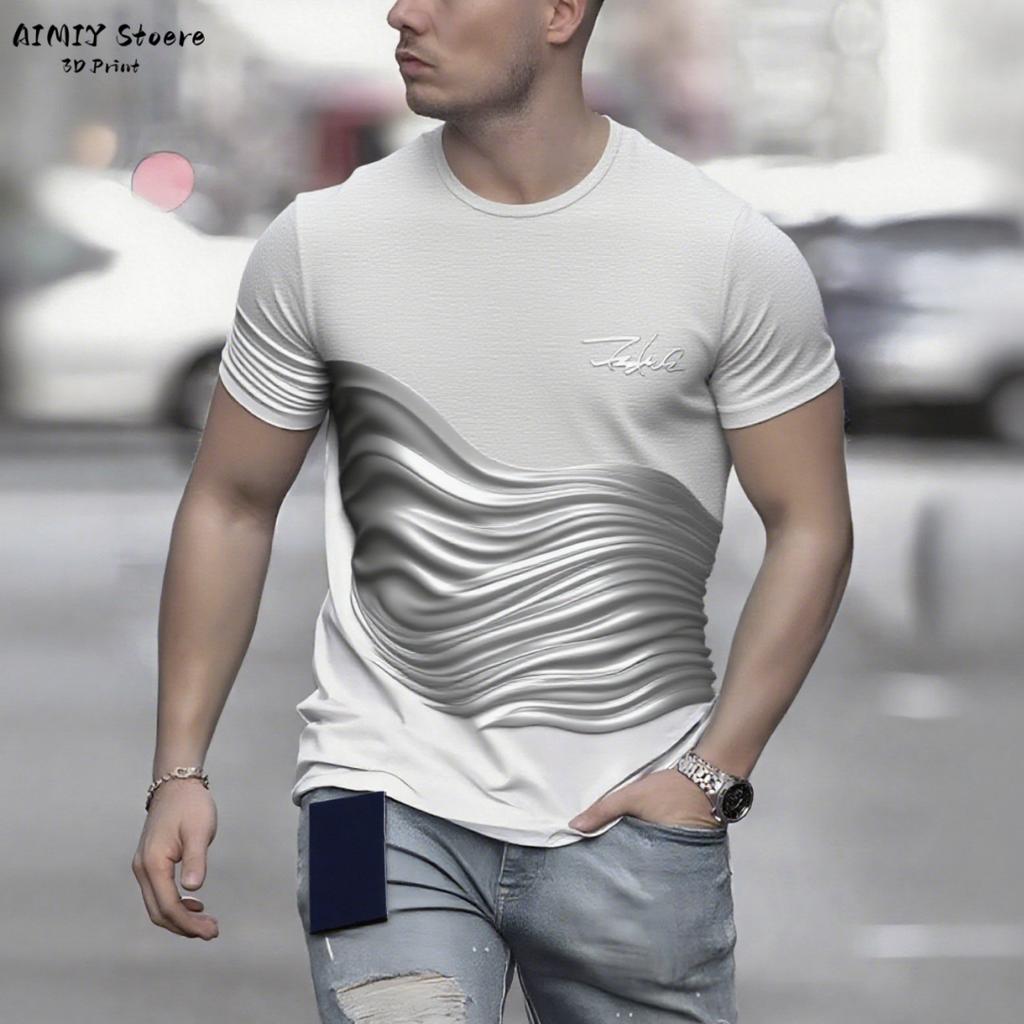 Summer Round Neck 3D Gradient Wave Print Top Fashionable Casual Short Sleeved Men's T-shirts