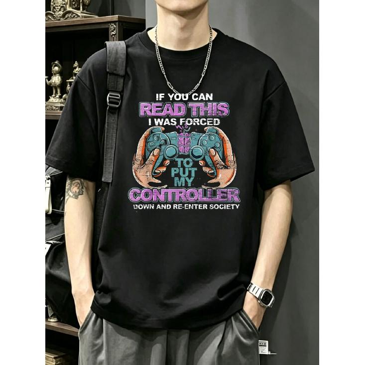 Black T Shirt with Gaming Controller And Text If You Can Read This I Was Forced to Put My Controller And Re Enter Society for Gamers And Casual Wear S чёрный