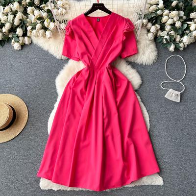 French Retro V-neck Ruffled Short Sleeved Dress for Women  Summer A Slim Waist and Elegant A-line Long Swing DRESSES